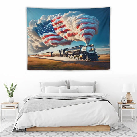 American Steam Train Tapestry With Dope Star Spangled Smoke And Flag Design Locomotive Wall Hanging in Bedroom 40x30 Inches