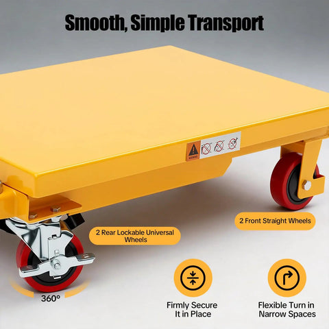 Heavy Duty Hydraulic Scissor Lift Table Cart With 500 Pound Capacity, Adjustable Height Platform, yellow with lockable wheels