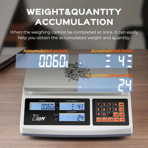 30Kg Digital Counting Scale With 0.1g Precision, Battery Powered Industrial Scale on table, displaying weight and quantity.