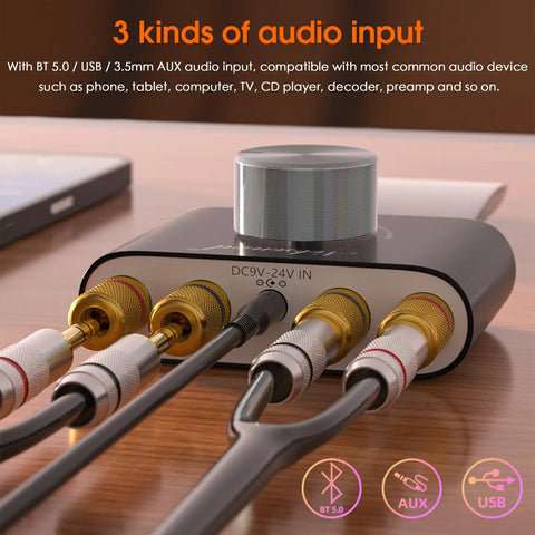 Mini Pocket Bluetooth 5.0 Amp Delivers 100W Stereo Output, 50W Per Channel, With AUX USB Input, Bluetooth Receiver, PC Sound Card, 19V Power Upgrade, Black, rear view showing audio connections
