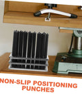 Beefy Pro Grade Transfer Punch Set for Machinists on wooden bench with single hole puncher, durable steel construction