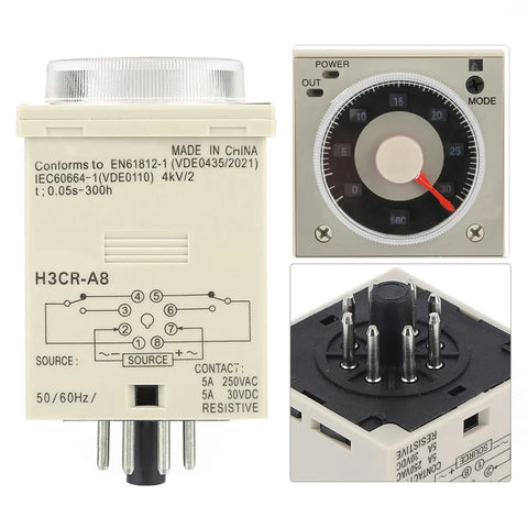 Eight Pin Time Relay For Industrial Automation With 1.2S To 300H Delay, showing control knob and pin configuration