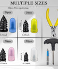 80Pcs Tire Repair Nails Kit With 4 Sizes And Essential Tools, including pliers and screwdriver bit, organized view.