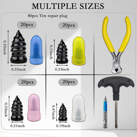 80Pcs Tire Repair Nails Kit With 4 Sizes And Essential Tools, including pliers and screwdriver bit, organized view.