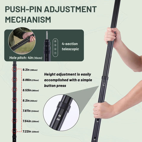 Diagram showing Heavy Duty Adjustable Tarp Poles, 9.2ft Aviation Aluminum Telescoping Tent Poles with push-pin adjustment mechanism.