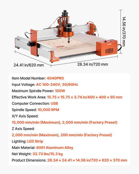 Front view of CNC Router Machine With 100W Spindle For Wood Acrylic And More, 3-Axis Engraving Milling, aluminum frame.