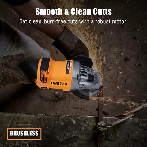 Cordless Four And One Half Inch Angle Grinder With Brushless Motor 8000 RPM cutting metal with sparks flying
