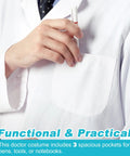 Close-up of unisex lab coat for men and women, white long sleeve chemistry coat pocket with pen, pro grade comfort size M.