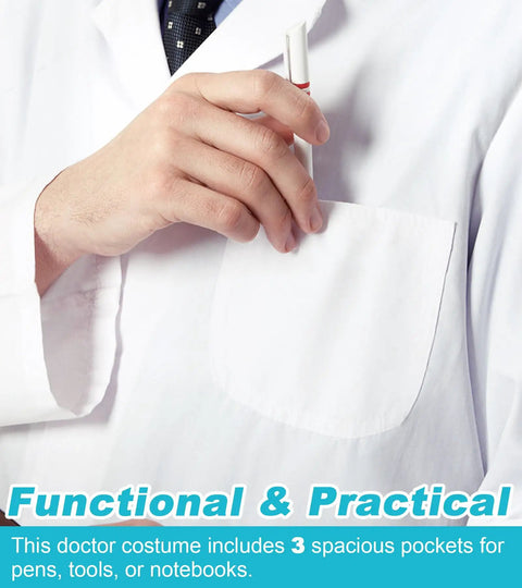 Close-up of unisex lab coat for men and women, white long sleeve chemistry coat pocket with pen, pro grade comfort size M.