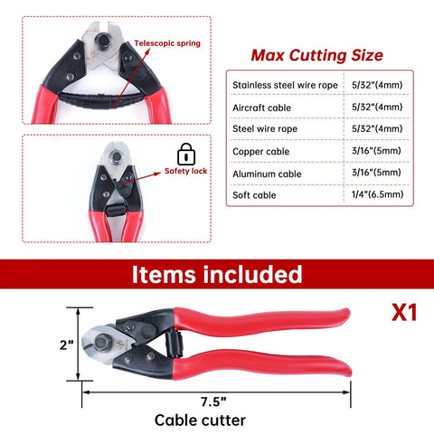 Hydraulic Cable Railing Crimping Tool For One Eighth Inch Five Thirty Second Inch Three Sixteenth Inch Stainless Steel Cable Railing Kit Swaging Tool With Wire Cutter CT01 Pro Grade Rugged Deck Install Kit For Outdoor Rails cable cutter with dimensions and cutting sizes.