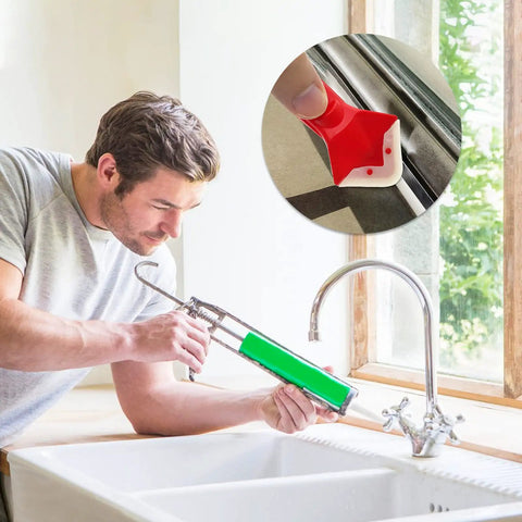 Man using 3 In 1 Caulking Tools Kit With Stainless Steel Head Removable Scraper For Silicone Sealant Finishing on sink