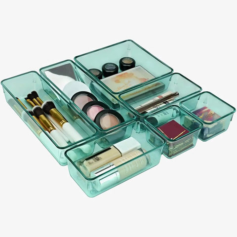 Modular Drawer Organizer Set With Seven Bins In Four Sizes For Office Home Makeup And Kitchen Clear Green Plastic Storage Trays