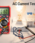 Digital Multimeter With Protective Case For Home And Auto Electrical Testing measuring AC current next to a light bulb setup