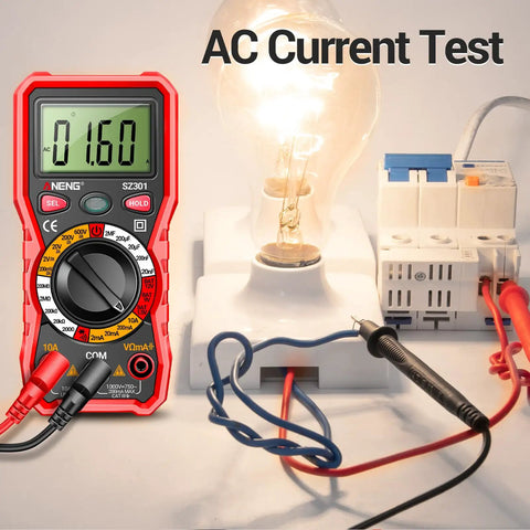 Digital Multimeter With Protective Case For Home And Auto Electrical Testing measuring AC current next to a light bulb setup