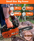 Person using 12 Inch Top Handle Gas Chainsaw With 25cc 2-Stroke Engine, cutting a log, showcasing ergonomic wraparound handle.