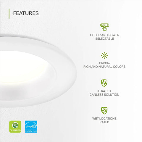 6 Inch Canless LED Downlight With Power Adjustable 10, 15, And 22 Watts Round Dimmable Recessed Ceiling Light Fixture 5 Color Temperatures