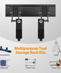 Wall Mounted Garage Tool Organizer Rack, 48 Inch Adjustable Heavy Duty Storage System for garage and yard tools, close-up view