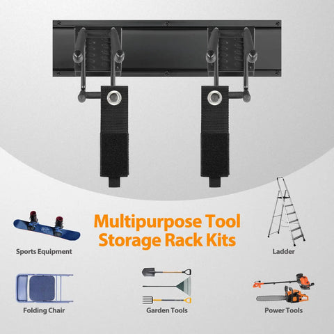 Wall Mounted Garage Tool Organizer Rack, 48 Inch Adjustable Heavy Duty Storage System for garage and yard tools, close-up view