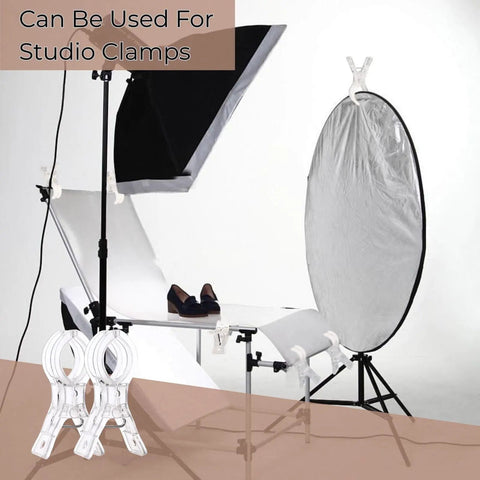 Clear Balloon Arch Clips Set, 10 Pack, 3.5 Inch Heavy Duty Spring Clips for Balloon Arches and Backdrops holding studio equipment