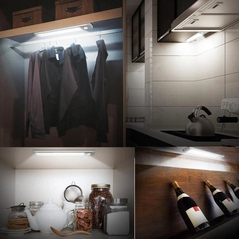 Rechargeable Motion Sensor Under Cabinet Lights With 30 LEDs illuminating closet, kitchen, pantry, and wine shelf settings.