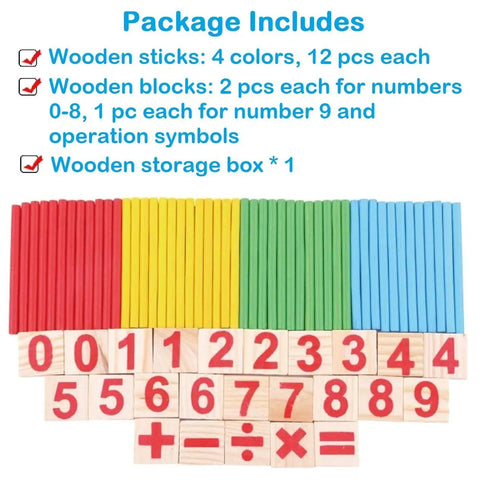 Counting Number Blocks And Wooden Sticks Kit For Kids Learning with colorful rods showing numbers and math symbols
