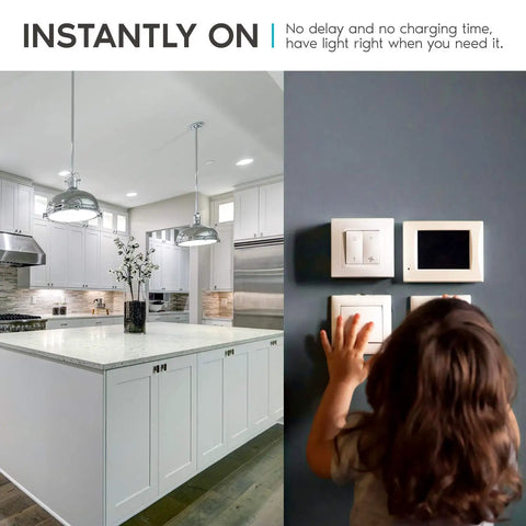 Modern kitchen with Lit A19 LED Light Bulbs 100 Watt Equivalent Dimmable 5000K Bright White illuminating the space.