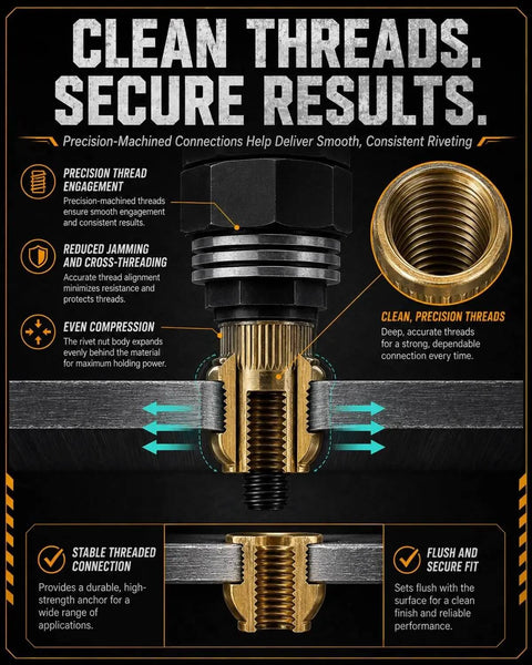 Heavy Duty Carbon Steel Riv Nut Tool Kit For M3-M12 Fastening With Drill Adapter And Mandrels For Industrial Use Or Cool DIY Projects That Are Built To Last Through High Torque Jobs Without Stripping Threads., riv nut thread insertion diagram