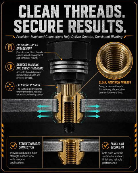 Heavy Duty Carbon Steel Head Rivet Nut Tool Kit With Seven Tough Mandrels Covering M3 Through M12 Sizes Drill Riveting Setup user guide showing clean threads and secure results.