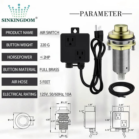 Diagram and components of SinkTop Air Switch Kit Matte Black Button For Garbage Disposal Dual Outlet Easy Install On Sink