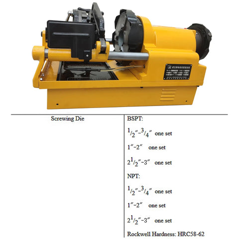 Heavy Lifter Electric Pipe Threader Machine with alloy cutters, screwing die for half to three inch pipes, durable design.