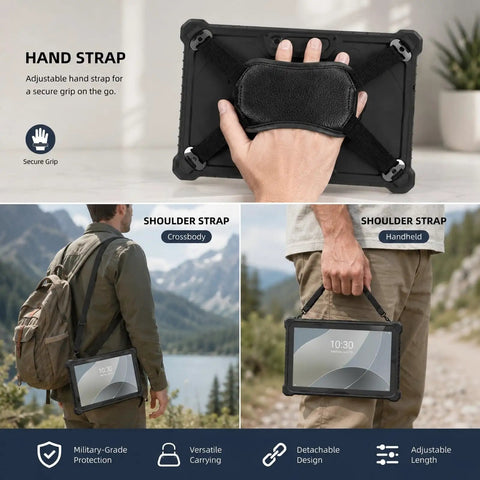 Kickass Rugged Windows 11 Pro Tablet With 10 Inch Sunlight Display And Quick N100 Chip packed with 8 GB Ram shown with hand and shoulder straps.
