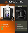 Comparison of controlled 3D printer enclosure with built-in ventilation and LED lighting for warp free prints and a dark enclosure.