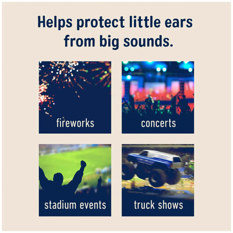 Kids Hearing Protection Plus With Adjustable Headband 22dB NRR for fireworks, concerts, stadium events, and truck shows.