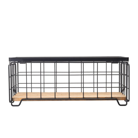 Sturdy Metal Wire Toilet Paper Organizer Basket With Wood Base Holds Two Rolls And Extra Decor Box, black finish, side view