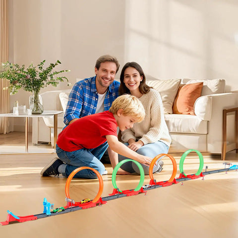 Family playing with Crazy Fun 360 Degree Loop Track With Eight Loops And Five 1 To 64 Scale Toy Cars Easy Storage Perfect Gift For Boys Aged 3 To 7