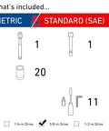 Diagram showing contents of 32-Piece Pro Grade Mechanics Tool Set With 3/8-Inch Drive, SAE And Metric Sockets, 6 Point, 72-Tooth Ratchets.