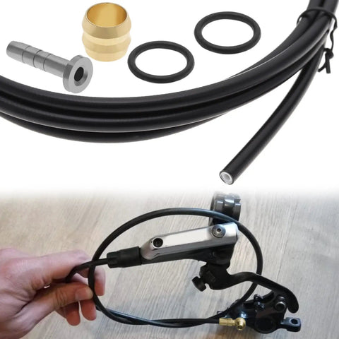 Five Wire Hydraulic Brake Hose Set For Mountain Bikes with braided steel and nylon, shown with disc brake components, easy install