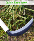 Carbon Steel Grass Sickle For Easy Weeding And Harvesting showing sharp 15-inch blade cutting soft grass outdoors.