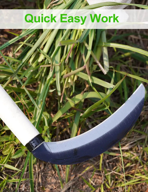 Carbon Steel Grass Sickle For Easy Weeding And Harvesting showing sharp 15-inch blade cutting soft grass outdoors.
