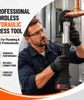 Heavy Duty 60KN Brushless Cordless Pipe Crimping Tool With 18V Battery hydraulic press used by a HVAC professional on copper tubing.