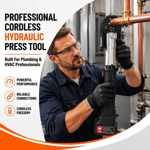 Heavy Duty 60KN Brushless Cordless Pipe Crimping Tool With 18V Battery hydraulic press used by a HVAC professional on copper tubing.