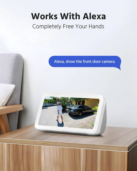 Smart display showing camera feed from Solar Wireless Security Camera Kit For Outdoor Home Surveillance with Alexa control.
