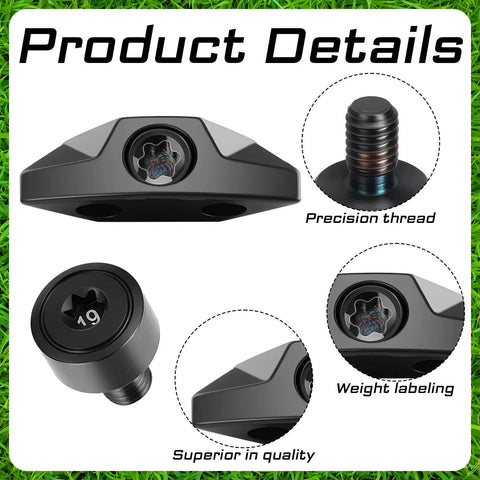 Premium Tungsten Golf Club Weights 19 Gram Adjustable Driver Heads showing precision threads and quality details on black alloy.