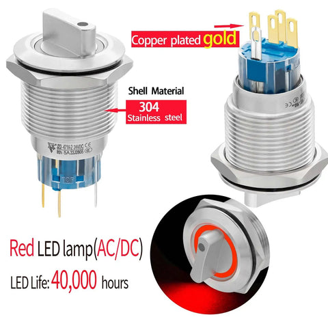 Beefy 22mm Rotary Selector Switch Two Position On Off 12V 24V With Wire 1NO 1NC SPDT Stainless Steel 304 Body Red Handle