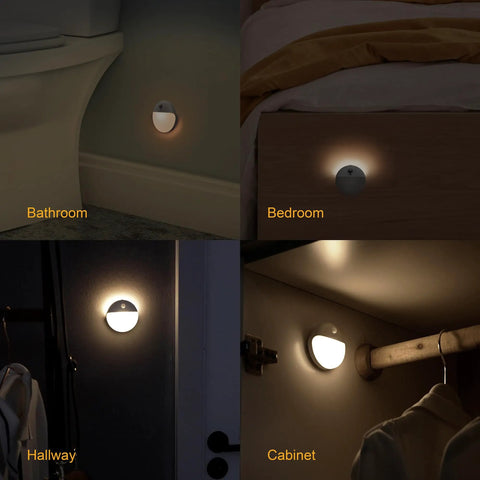 Two Pack Motion Sensor Night Lights For Indoor Use 2.6 Inch Stick On LED Lights For Stairs Bathroom Hallway Bedroom Kids Soft Warm White Dimmable 3 Light Modes Battery Powered Travel Friendly
