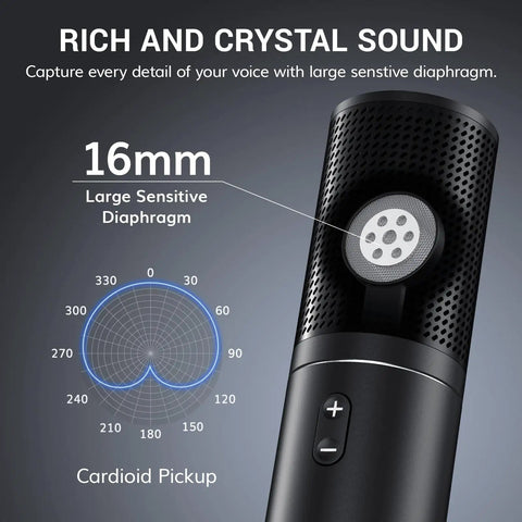 Close-up of Q9 USB Podcast Microphone Kit For Gaming And Streaming, showing cardioid condenser mic with 16mm diaphragm.