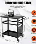 Heavy Duty Rolling Welding Cart With Spacious 36 By 24 Inch Steel Workbench On Wheels For Garage Builds 600 Lb Capacity shown with dimensions.