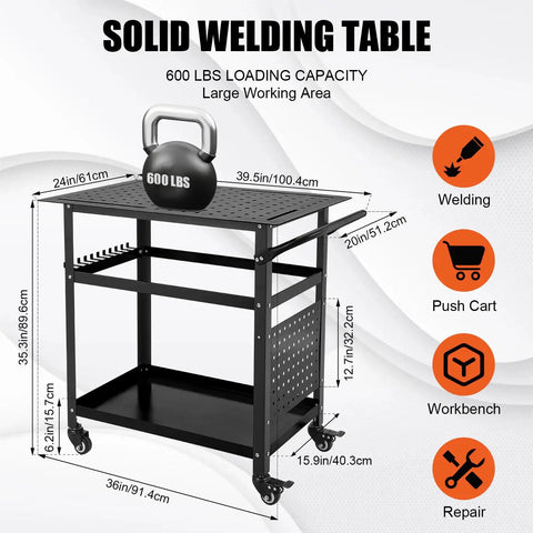 Heavy Duty Rolling Welding Cart With Spacious 36 By 24 Inch Steel Workbench On Wheels For Garage Builds 600 Lb Capacity shown with dimensions.