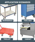ZDNEY 3-inch rubber caster wheels set of 4 shown on workbench, tool box, trolley, and cabinet in application scenes