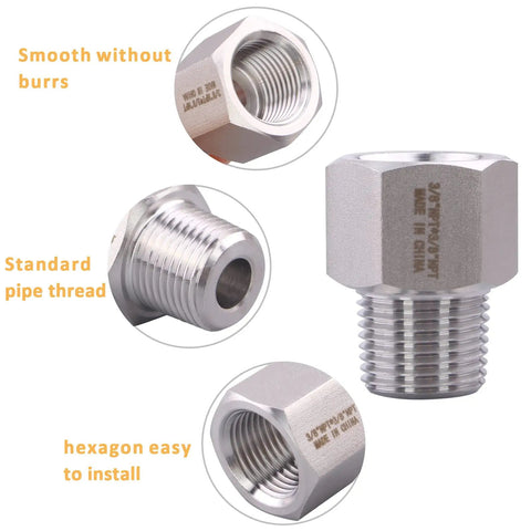 Heavy Duty Beefy Forged Reducer Adapter Fitting 304 Stainless Steel NPT 3/8 Female To 3/8 Male Pipe Connector High Pressure Rated Up To 2320 Psi Corrosion Resistant And Heat Tolerant From -50 C To 200 C Pack Of 2, 3/8 NPT stainless reducer adapter